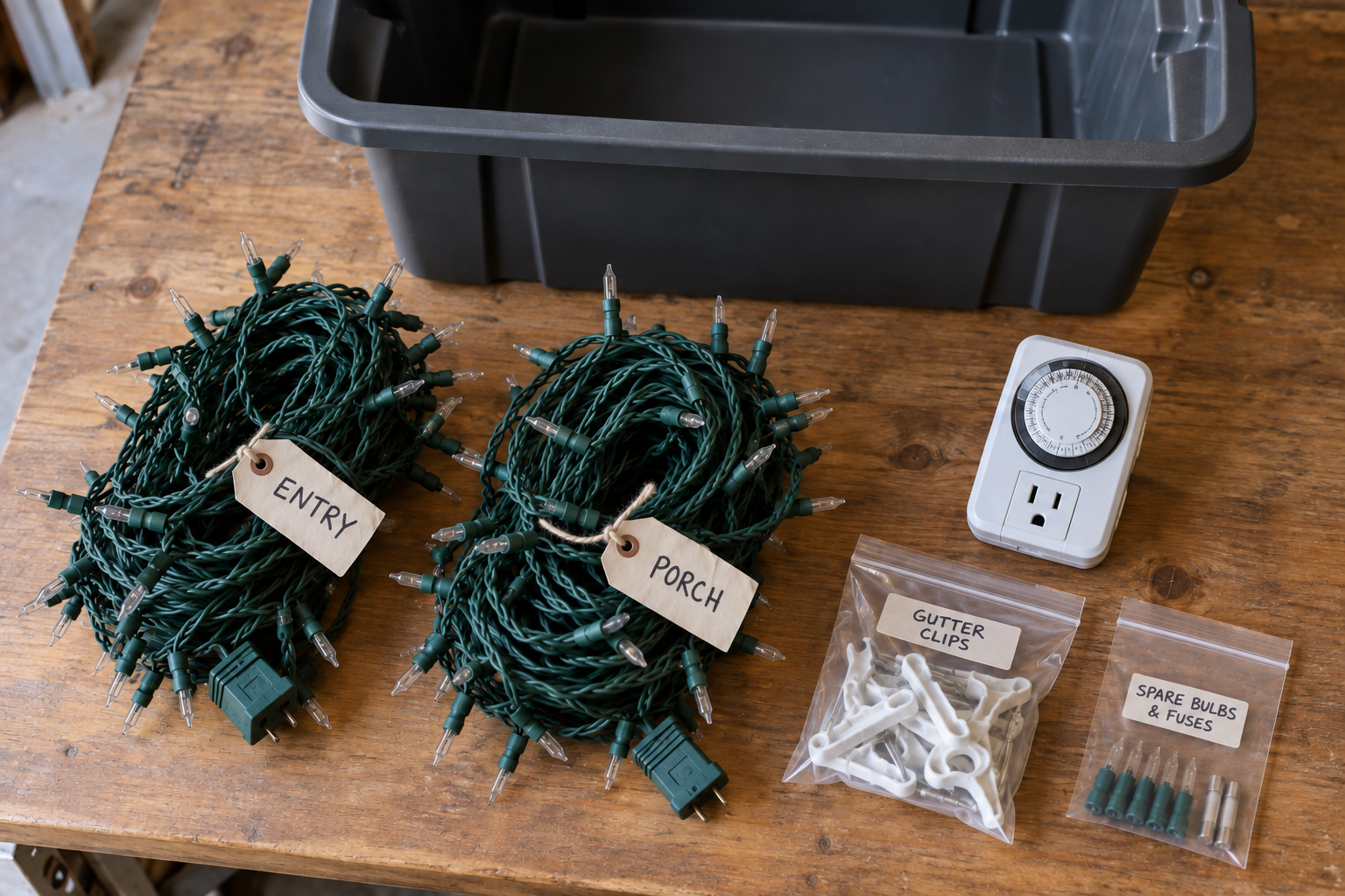 Holiday lights, a timer, clips and spare bulbs laid out beside their storage tub