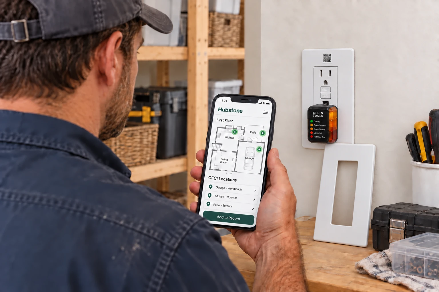 Maintenance technician viewing a garage floorplan and GFCI locations on a phone, with a tiny QR label beneath the removable outlet faceplate